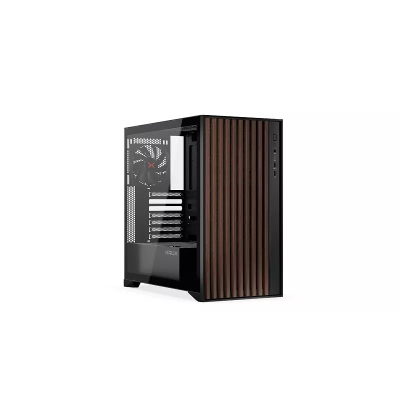 Datora korpuss KRUX Palum KRXD008 ATX melns — 2x3,5 collu nodalījumi, 2x2,5 collu nodalījumi, 2x120 mm ventilatori, GPU līdz 39,5 cm
