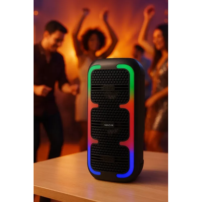 Pārnēsājams stereo skaļrunis SQUEAK SQ1009 — Bluetooth 5.3, 45 W RMS, 10 stundu akumulators, FM, USB, AUX, LED, 1800 mAh, melns