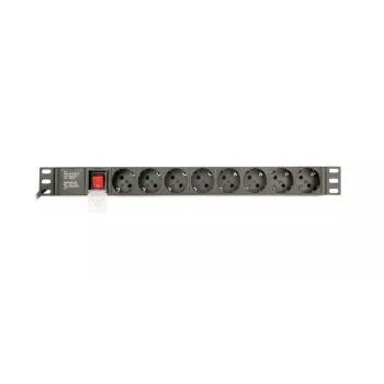 Strāvas sadales iekārta GEMBIRD EG-PDU-014-C14, 8 maiņstrāvas rozetes, C14 ieeja, 3 m kabelis, 1U, 3680 W, 10 A, alumīnijs, melna