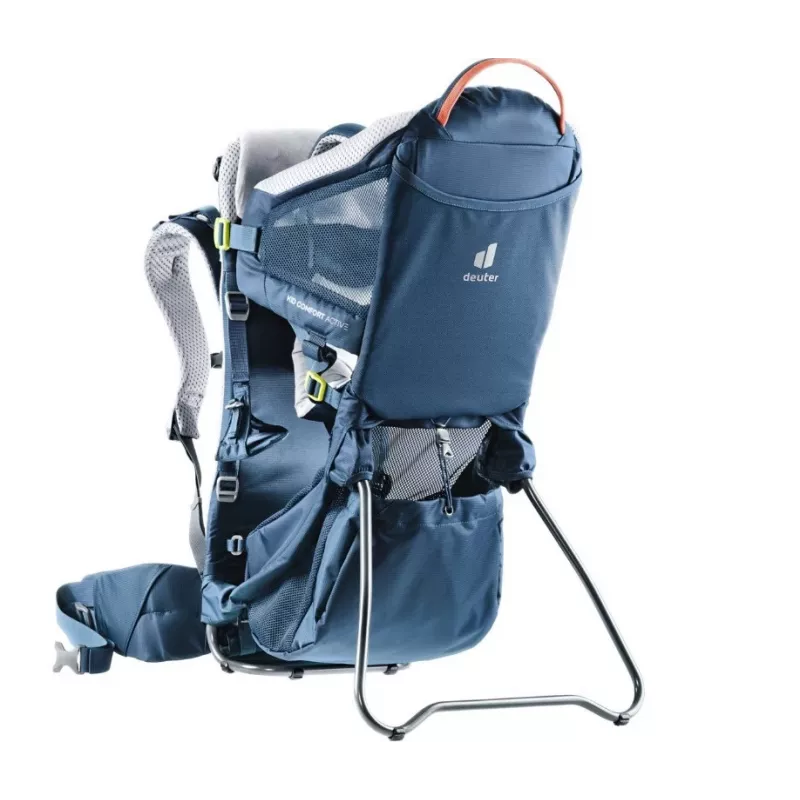 Bērnu pārnēsājamā mugursoma DEUTER Kid Comfort Active — zila, poliamīds, līdz 22 kg, saulessargs, kāju balsts, VariQuick, Lite Air