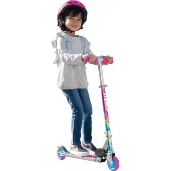 Bērnu skrejritenis Razor A Tie-Dye — alumīnija salokāms 2 riteņu skrejritenis, regulējama stūre, ABEC-5, maksimālā slodze 65 kg