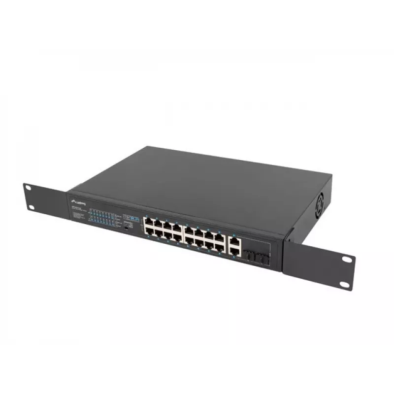 Nepārvaldāms slēdzis LANBERG RSFE-16P-2C-250 — 18 portu Gigabit, 16x PoE+ (30W), 2x SFP, 250W, 1U, metāls, stiprināšana statīvā