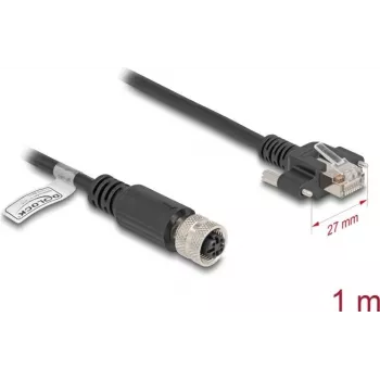 Tīkla kabelis DeLOCK M12 kabelis D-kodēts 4 kontaktu sievišķā uz RJ45 spraudni Cat.5e 1 m melns