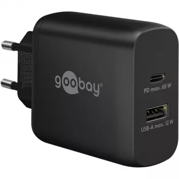 USB-C divkāršais ātrais lādētājs, PD, GaN, 65 vati (melns, 1x USB-C, 1x USB-A, Power Delivery)