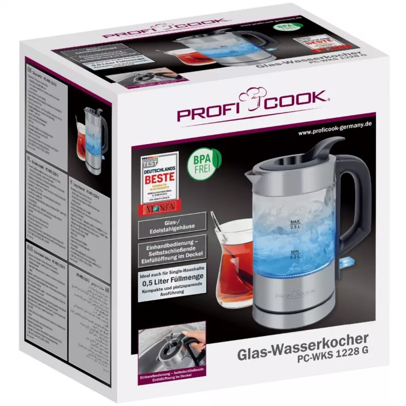 ProfiCook PC-WKS 1228 G elektriskā tējkanna 0,5 L 1100 W nerūsējošais tērauds, caurspīdīga