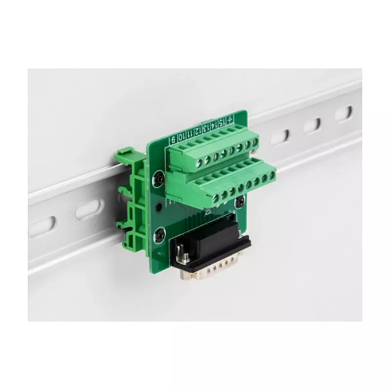 DeLOCK D-Sub 15 kontaktu spraudnis pret spaiļu bloku DIN sliedei 58 mm x 61 mm x 30 mm