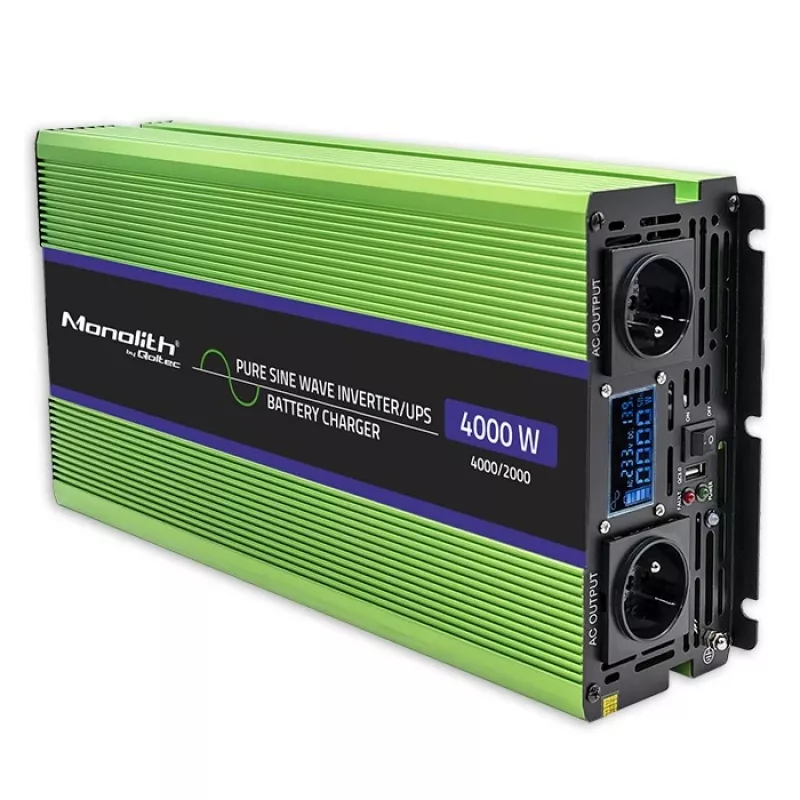 Qoltec Monolith sprieguma pārveidotājs | Akumulatora uzlāde | UPS | 2000W | 4000W | 12V uz 230V | Tīrs sinusoidāls | LCD melns-zaļš