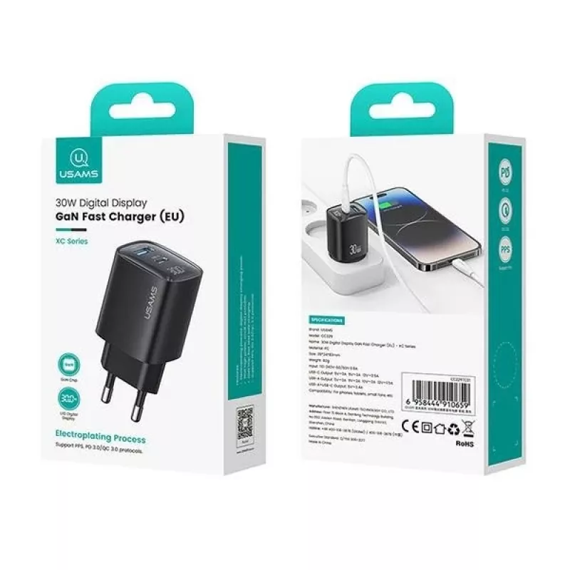 Lādētājs usams CC229 30W GaN USB-C un USB LED kompakts ceļojumu lādētājs