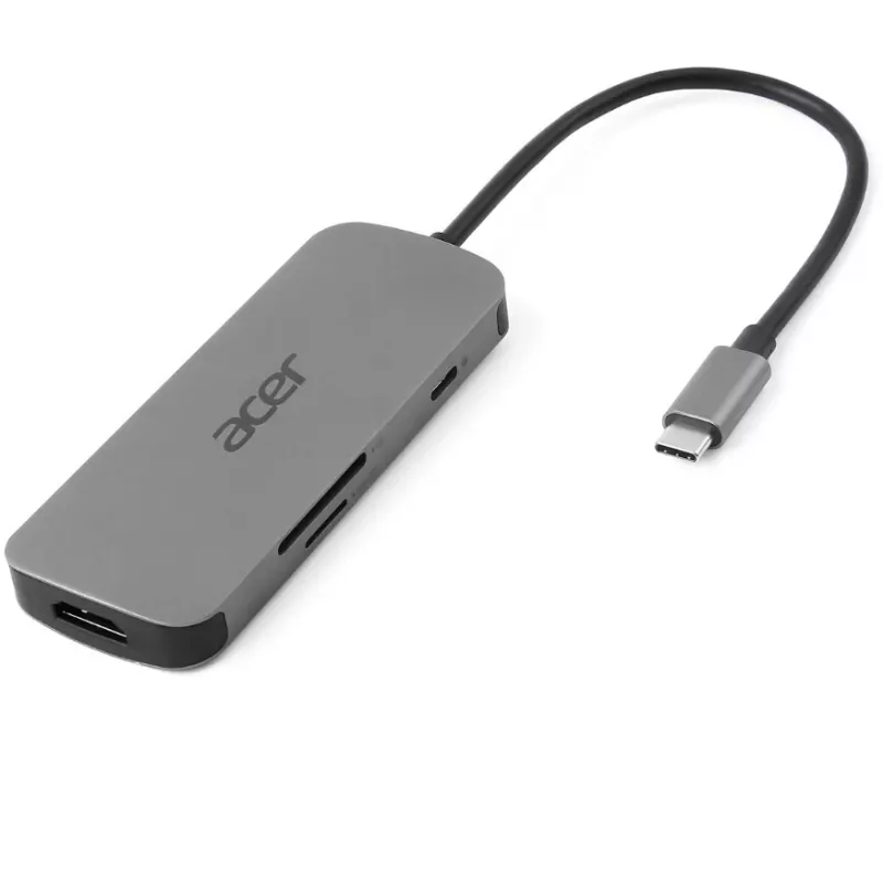 7-in-1 USB-C Dongle Acer — USB 3.2 Gen 1 Type-C, 3x USB-A, HDMI, SD/microSD, 100 W PD, Sudraba krāsa