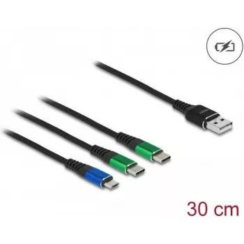 DeLOCK USB uzlādes kabelis 3-in-1 Type-A uz Micro USB / 2x USB Type-C 30 cm