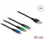 DeLOCK USB uzlādes kabelis 3-in-1 Type-A uz Micro USB / 2x USB Type-C 30 cm