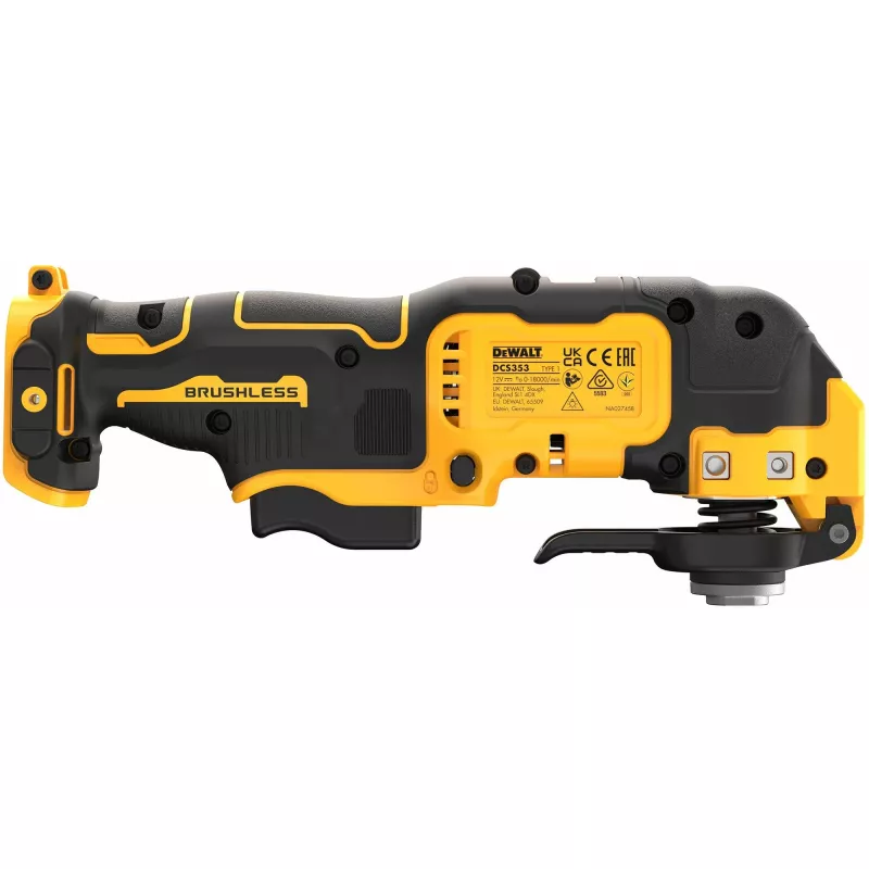 Oscilējošais daudzfunkciju instruments DeWalt DCS353NT-XJ, bezsuku motors, bezvada, 12 W, 840 g, melns/dzeltens