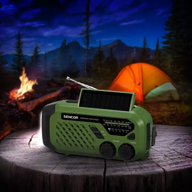 Portatīvs FM/AM radio SENCOR SRD1000SCLGR ar Bluetooth, saules/rokas kloķa/USB-C uzlādi, 2000mAh baterija, IPX4, LED gaismas