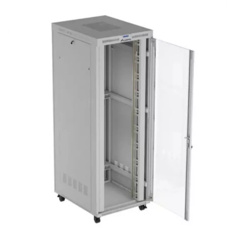 Rack cabinet LANBERG FF01-8047-12SL 47U 800x1000 mm pelēks ar priekšējām un aizmugurējām stikla durvīm un LCD paneļa vietu