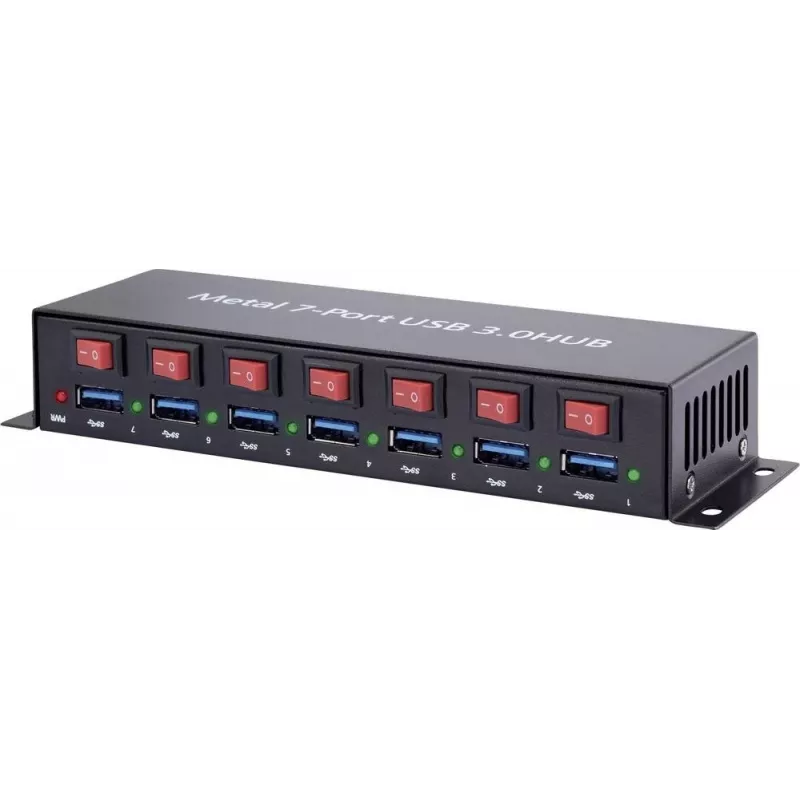 USB centrmezgls Renkforce 1089874 — 7 portu USB 3.0, metāla korpuss, piestiprināms pie sienas