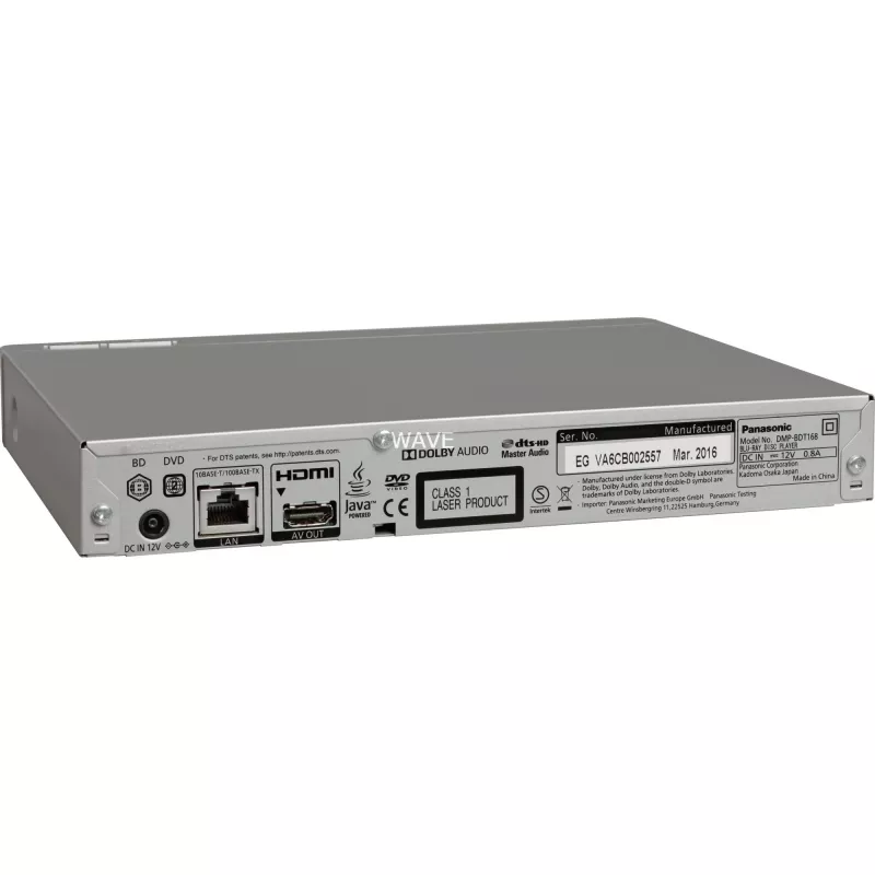 Panasonic Blu-ray atskaņotājs DMP-BDT168EG DVD-Video, MP3, WMA, JPEG, WAV, XviD, AAC, AVCHD, MKV, CD-DA, FLAC, MPO, BD-MV, ALAC USB savienojamība