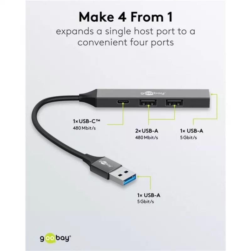 Goobay Slim 4-Port USB-Hub, USB-A uz USB-C™/USB-A, USB 3.2 (74458)