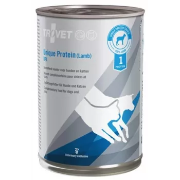 Mitrā vienas olbaltumvielas veterinārā diēta TROVET Unique Protein UPL jēra gaļa 400 g — jēra garša, 82% mitrums, 8,5% olbaltumvielas, 5% tauki