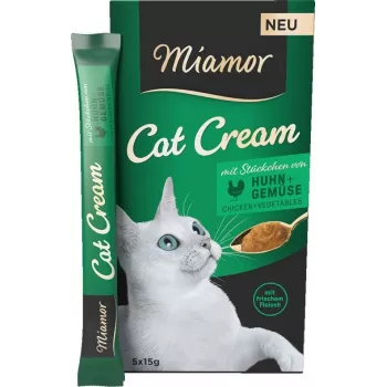 Mitrais kaķu kārums Miamor Cat Cream ar vistu un dārzeņiem, pastas paciņas 5×15 g, bez lipekļa, bez cukura