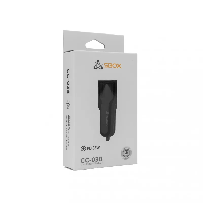 Auto lādētājs SBOX CC-038 38W melns — divu portu USB strāvas adapteris transportlīdzeklim