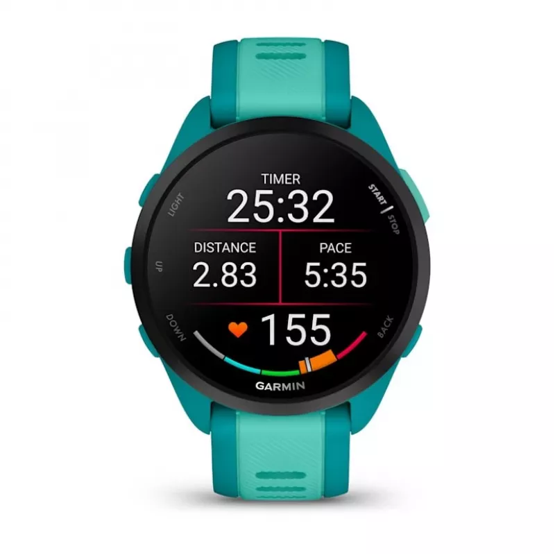 Viedpulkstenis GARMIN Forerunner 165 Music — 43 mm polimēra korpuss, 1,2 collu AMOLED, 4 GB, GPS/GLONASS/Galileo, 5 ATM