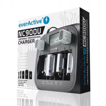 Baterijas lādētājs everActive NC-900U Universal DC — lādē AA, AAA, C, D, 9V, līdz 6 šūnām, melns