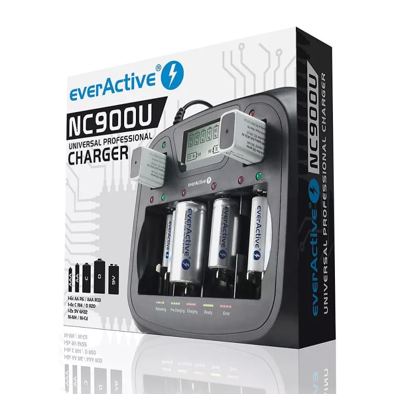 Baterijas lādētājs everActive NC-900U Universal DC — lādē AA, AAA, C, D, 9V, līdz 6 šūnām, melns