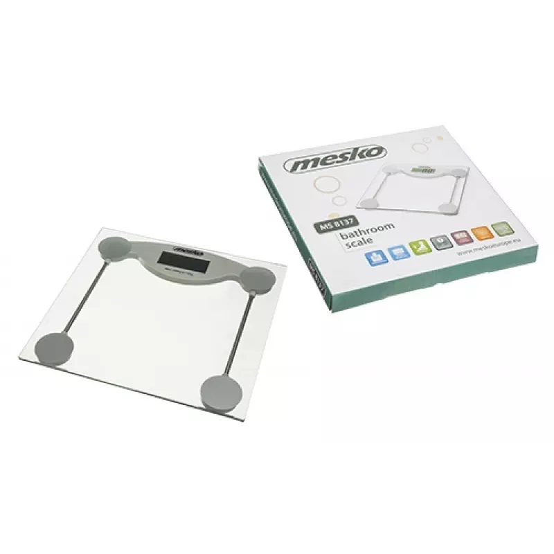 Elektroniskie personiskie svari Mesko MS 8137 — ietilpība 150 kg, precizitāte 100 g, balts/caurspīdīgs