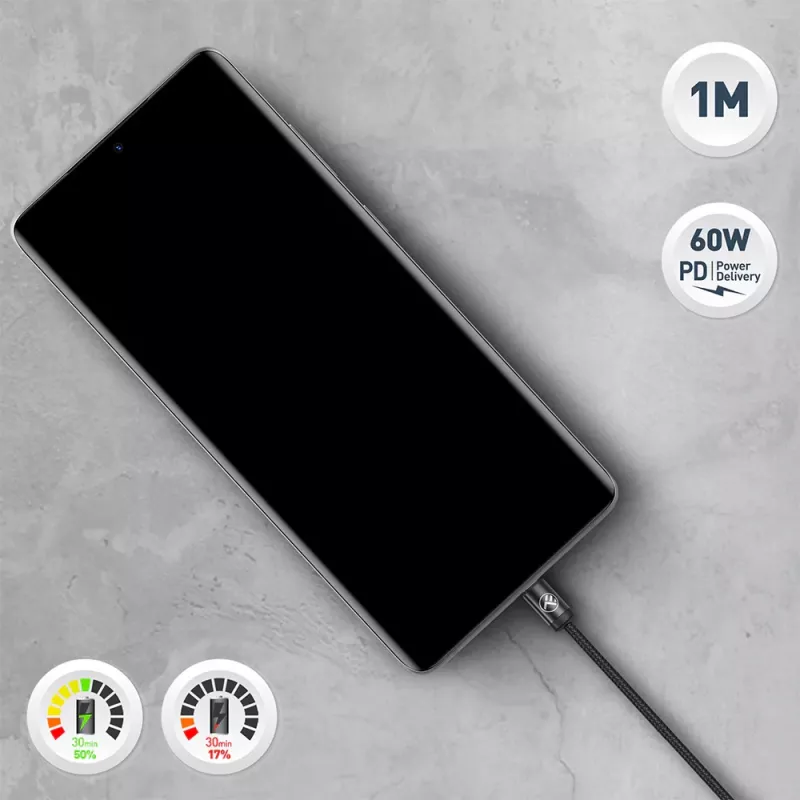 USB-C kabelis Tellur TLL155791, 1 m, 3A, melns
