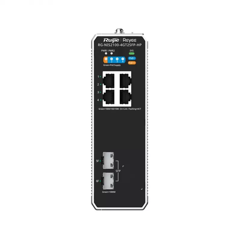 Pārvaldīts L2 tīkla slēdzis RUIJIE RG-NIS2100-4GT2SFP-HP — 4× Gigabit RJ45, 2× SFP, PoE++ (180 W), plauktā/sienā/DIN sliede montējams