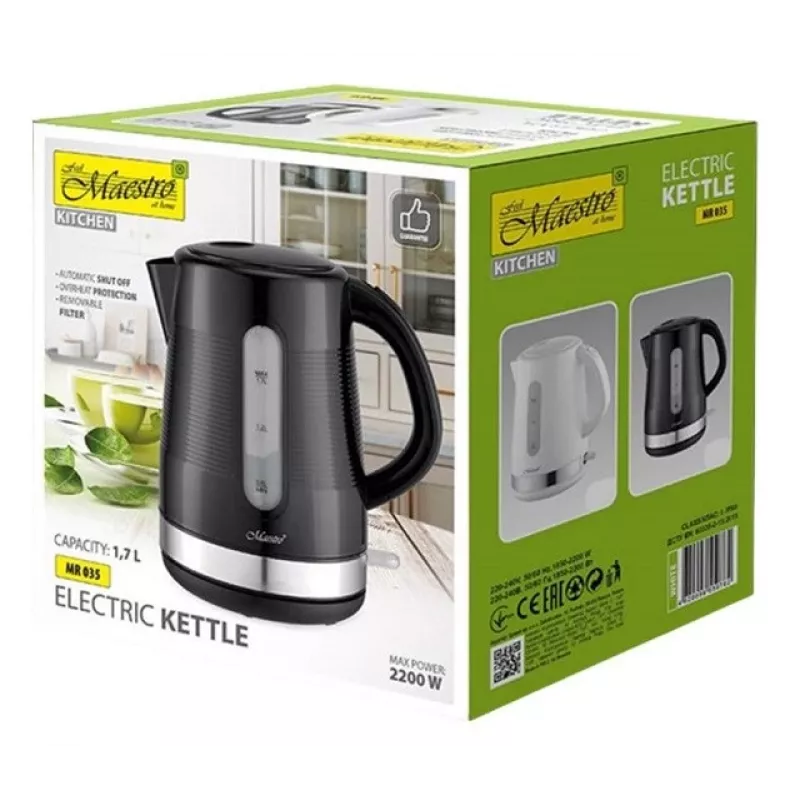 Elektriskā tējkanna Maestro 1,7 L 2200 W melna — plastmasas korpuss, pogas vāks, ergonomisks rokturis