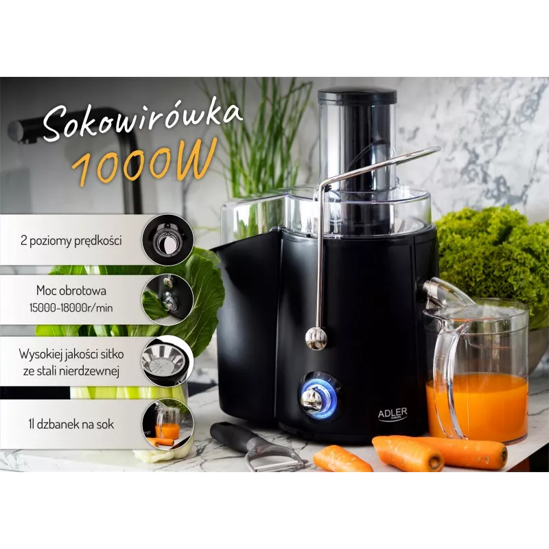 Centrifūgas sulu spiede Adler AD 4127 — 1000 W, melna, sulas trauks, 3,9 kg