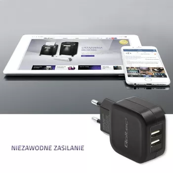 Maiņstrāvas iekštelpu lādētājs QOLTEC 50186 viedtālruņiem un planšetdatoriem, 5 V 3,4 A, 17 W, 2× USB, melns