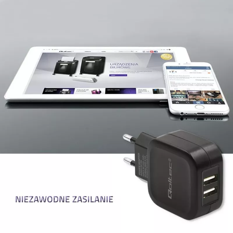 Maiņstrāvas iekštelpu lādētājs QOLTEC 50186 viedtālruņiem un planšetdatoriem, 5 V 3,4 A, 17 W, 2× USB, melns