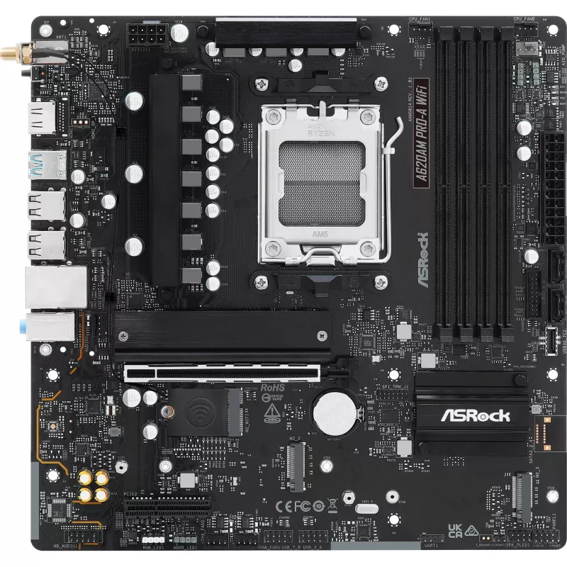 Mātesplate ASRock A620AM Pro-A WiFi AM5 mATX — AMD A620, Socket AM5, DDR5 līdz 256 GB, Wi‑Fi 6E, 2.5Gb LAN, HDMI 2.1