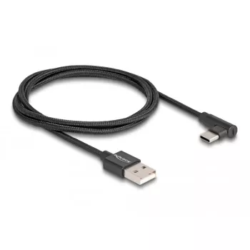 USB 2.0 kabelis, USB-A spraudnis > USB-C spraudnis (melns, 1 metrs, pītais, 90° leņķī)