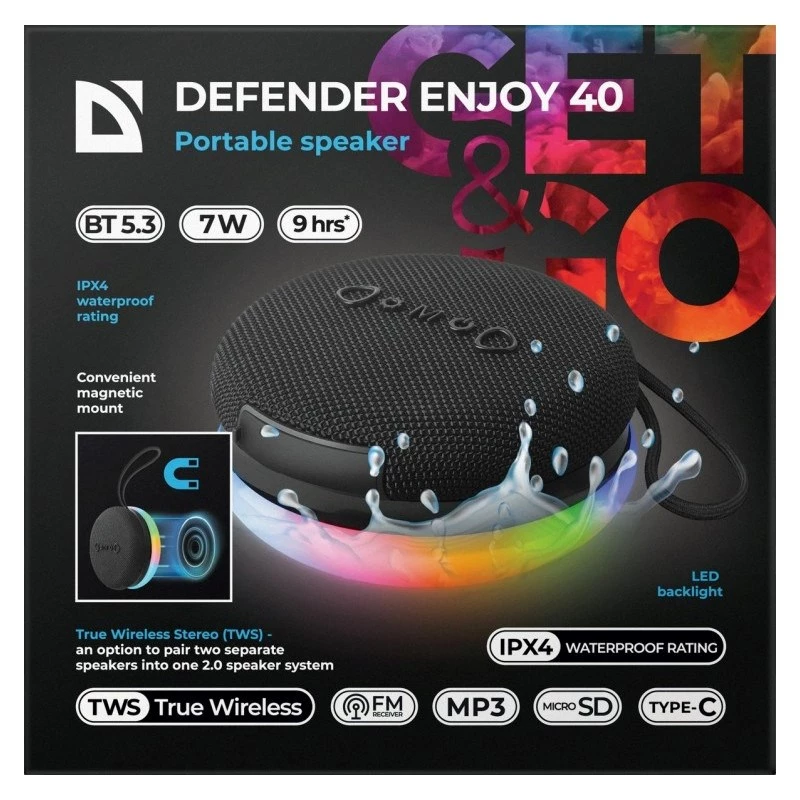 Portable Bluetooth speaker DEFENDER ENJOY 40 — 7 W RMS, Bluetooth 5.3, LED illumination, LiPo baterija, 9 h, Melns