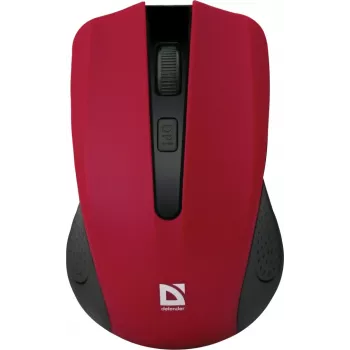 Bezvadu optiskā pele DEFENDER MM-935 RF — piemērota abām rokām, 1600 DPI, sarkana, RF USB uztvērējs, AAA baterijas