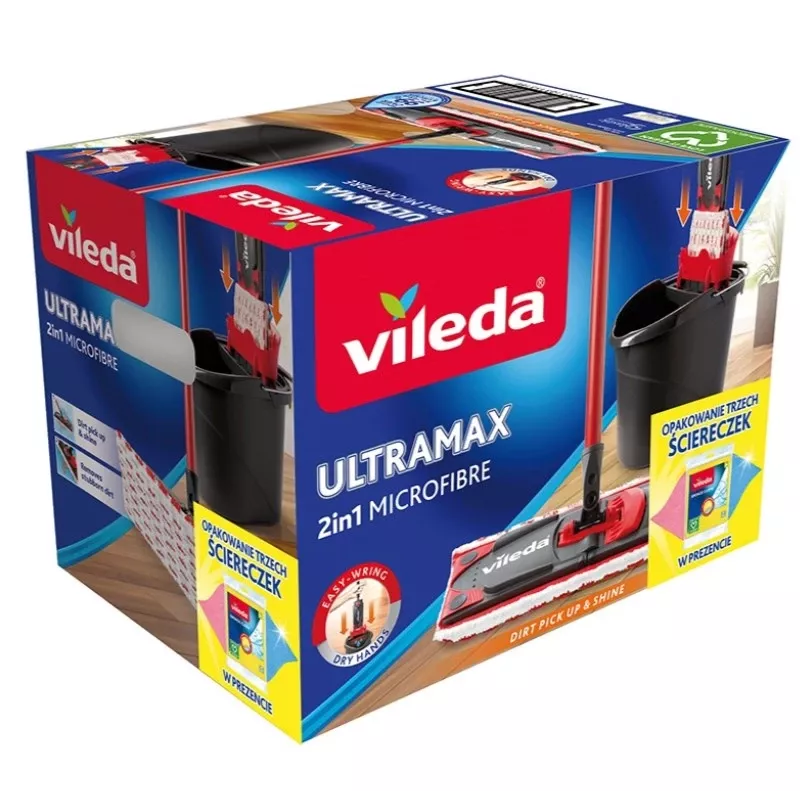 Grīdas mops VILEDA Ultramax BOX 177453 ar atkārtoti uzpildāmu mikrošķiedras galvu, izspiešanas spaini, 3 mazgājamām salvetēm, melns