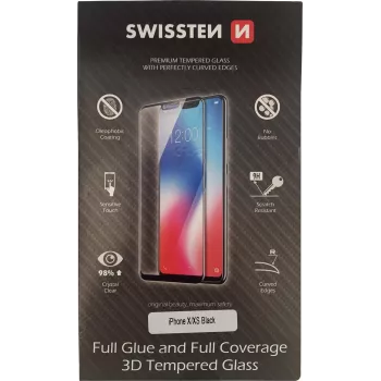 Rūdīta 3D pilnas līmēšanas ekrāna aizsargs SWISSTEN iPhone X/XS — melns, pilna pārklājuma stikls