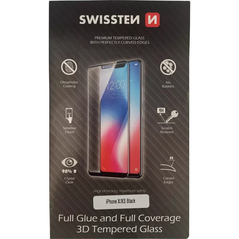 Rūdīta 3D pilnas līmēšanas ekrāna aizsargs SWISSTEN iPhone X/XS — melns, pilna pārklājuma stikls