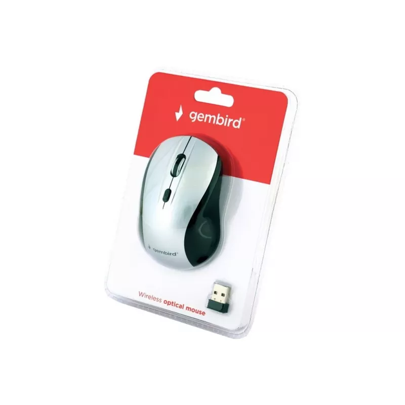 Bezvadu optiskā pele Gembird MUSW-4B-02-BS, RF, piemērota abām rokām, 1600 DPI, 4 pogas, sudraba/melna