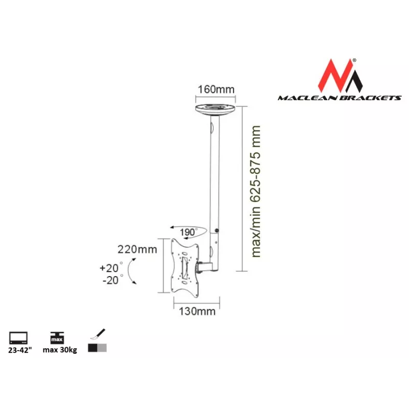 Maclean MC-504A S regulējams griestu kronšteins 23-42 30kg