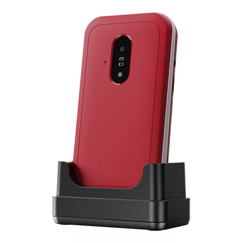 Feature phone Doro Leva E22 atvāžamais, 2,8 collu (7,11 cm) displejs, Viena SIM karte, 0,3 MP kamera, 1150 mAh, 127,8 g, Sarkans/Balts
