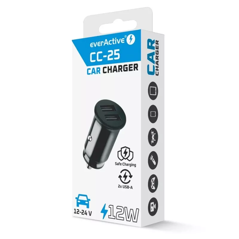 Automašīnas lādētājs everActive CC-25 — 2x USB pieslēgvietas, 12W kopējā jauda, 12V–24V transportlīdzekļa barošana