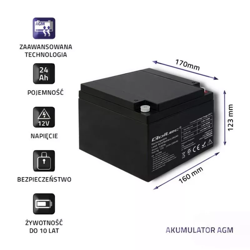 Qoltec 53036 AGM akumulators | 12V | 24Ah | maks. 360A