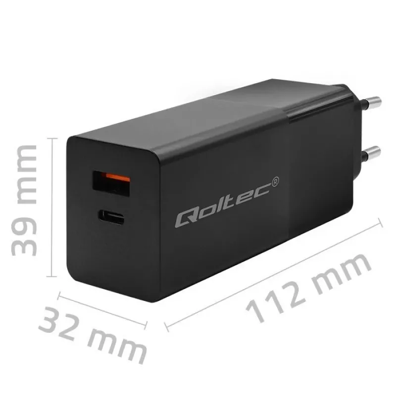 Qoltec 52382 GaN POWER PRO lādētājs | 1xUSB Type-C | 1xUSB A | 100W | 5-20V | 1.5-5A | PD | Melns