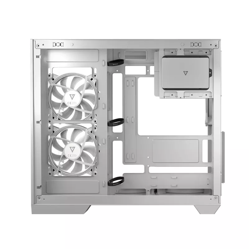PC korpuss MODECOM Volcano Panorama Midi Tower balts — micro ATX, rūdīts stikls, ARGB, USB-C, atbalsta GPU 400 mm