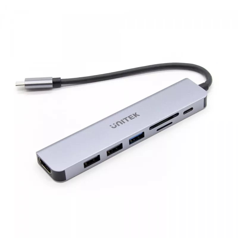 USB-C centrmezgls Unitek 7in1 Aluminium PD 100W 5 Gbps — multiportu adapteris ar Power Delivery
