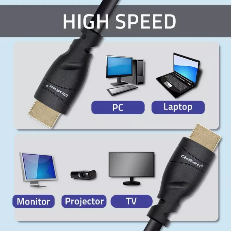 HDMI 2.1 kabelis QOLTEC 5 m — 48 Gbit/s, 8K@60Hz, 26AWG, zeltīti savienotāji